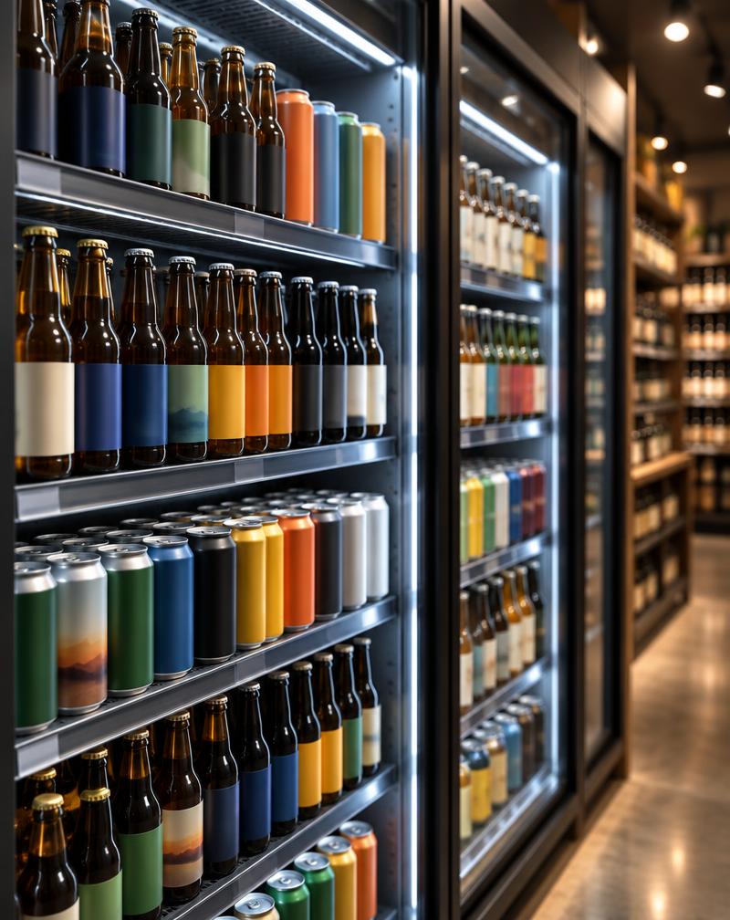 Illustrative photograph of beer and cider in a refrigerated bottle store display