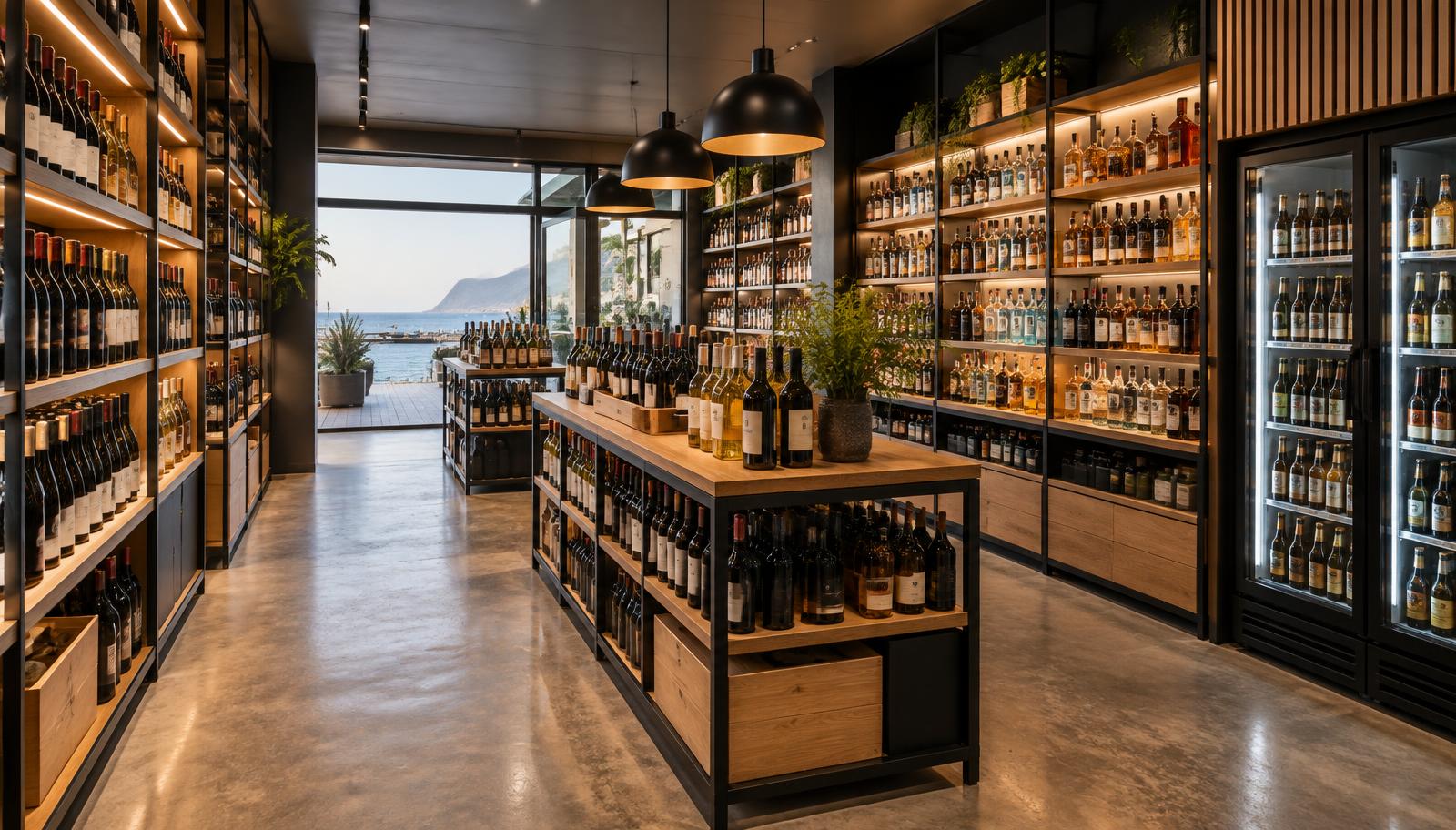 Illustrative interior of a modern, well-organised bottle store