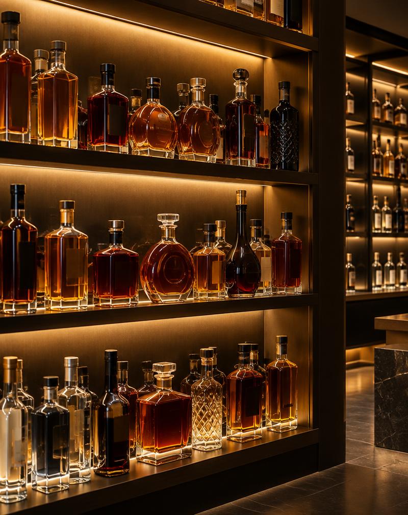 Illustrative photograph of spirits bottles on backlit shelves
