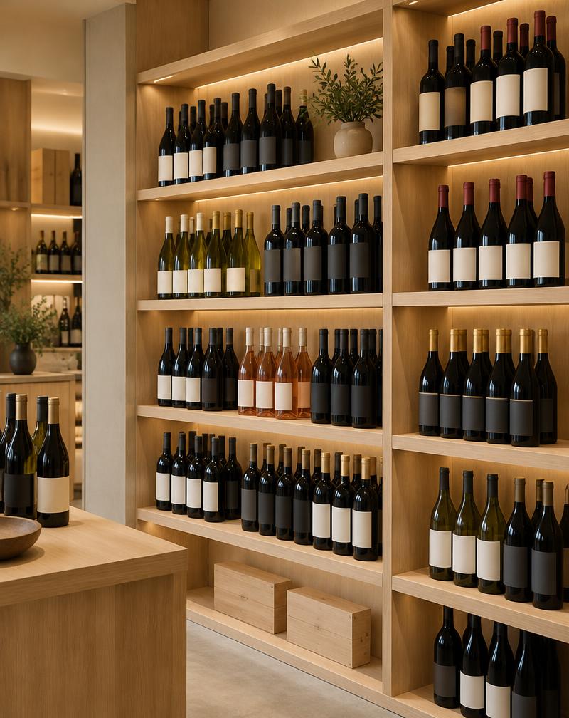 Illustrative photograph of wine bottles displayed on wooden shelves